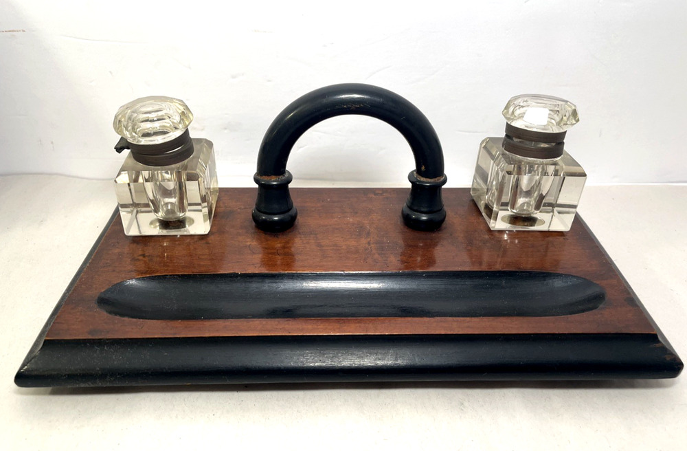 Antique Double Glass Inkwell Desk Set Wood Base Handle Writing Stand
